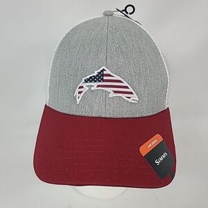Simms Trucker Cap Snapback Low Crown Grey Red White Fish Catch USA Flag Patch